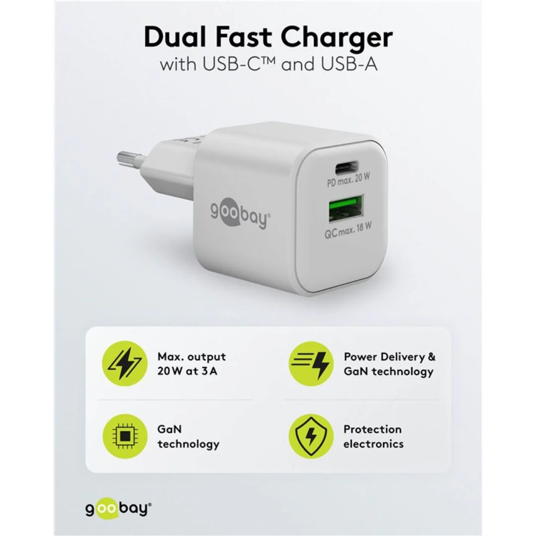 Goobay Carregador GaN 1×USB-A QC + 1×USB-C PD (20W) em Branco – 65865 - Image 3