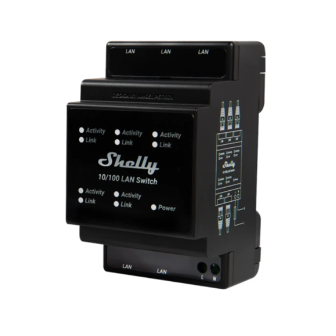 Shelly LAN Switch de 5 portas - 10/100Mbps para montar em calha DIN