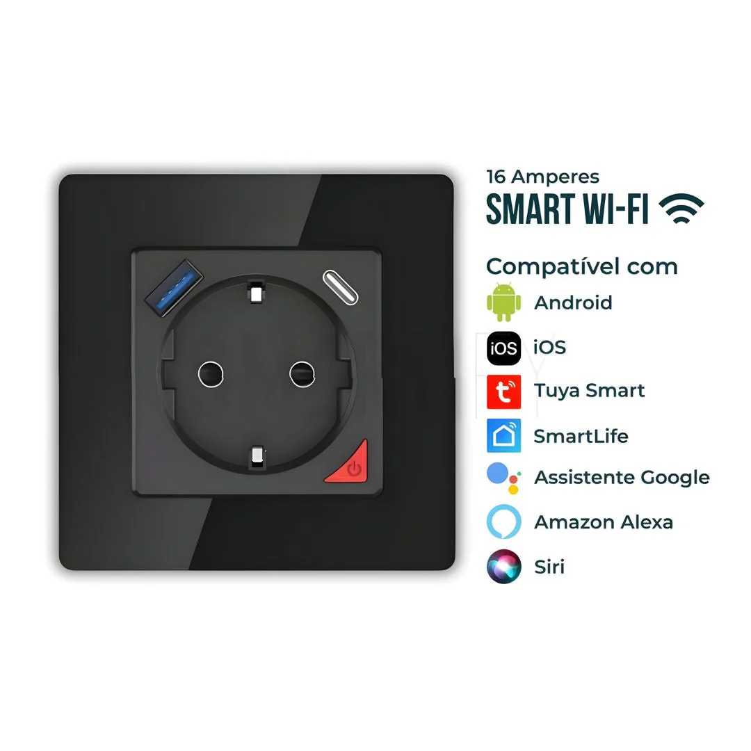 Tomada Inteligente Embutida 16A 3500W WiFi + USB-C e USB-A Smartify - Preto - Image 5